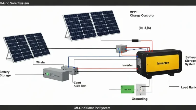 Schematyczny diagram systemu fotowoltaicznego off-grid z panelami słonecznymi, inwerterem, magazynem baterii i zasilaniem domu
