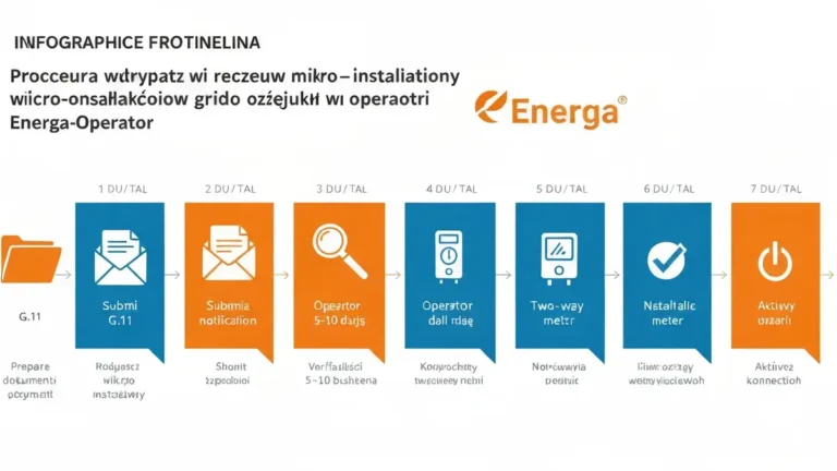 Schemat procedury zgłoszenia mikroinstalacji fotowoltaiki do operatora sieci Energa-Operator: od przygotowania dokumentów, przez weryfikację, montaż licznika dwukierunkowego, do aktywacji przyłącza
