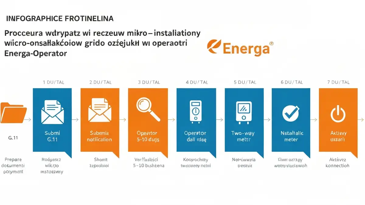 Schemat procedury zgłoszenia mikroinstalacji fotowoltaiki do operatora sieci Energa-Operator: od przygotowania dokumentów, przez weryfikację, montaż licznika dwukierunkowego, do aktywacji przyłącza