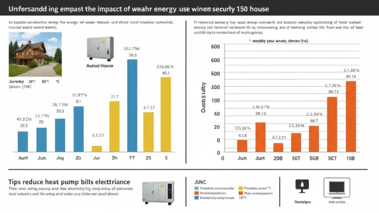 Wykres zużycia prądu przez pompę ciepła w domu 150 m² przez 12 miesięcy: piki zimowe około 500 kWh/miesiąc, letnie spadki do 80 kWh/miesiąc dla ciepłej wody