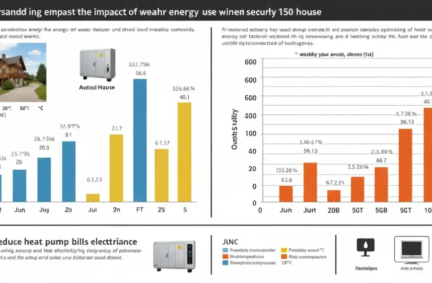 Wykres zużycia prądu przez pompę ciepła w domu 150 m² przez 12 miesięcy: piki zimowe około 500 kWh/miesiąc, letnie spadki do 80 kWh/miesiąc dla ciepłej wody