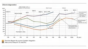 Schemat zużycia się części pompy ciepła w czasie - sprężarka, wentylator, wymiennik, zawory termostatyczne, czujniki - rozkład żywotności poszczególnych komponentów