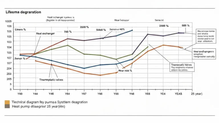 Schemat zużycia się części pompy ciepła w czasie - sprężarka, wentylator, wymiennik, zawory termostatyczne, czujniki - rozkład żywotności poszczególnych komponentów